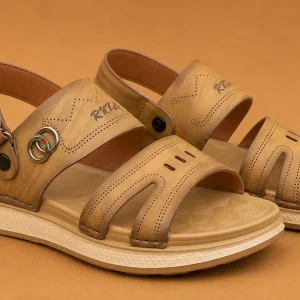 Comfort beige men's sports sandals with adjustable back strap, cushioned footbed, breathable multi-strap design, and lightweight anti-slip sole.