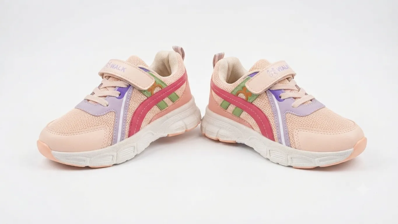 Girls pastel sports sneakers with breathable mesh upper, hook-and-loop strap, cushioned sole, and anti-slip outsole for everyday active wear.