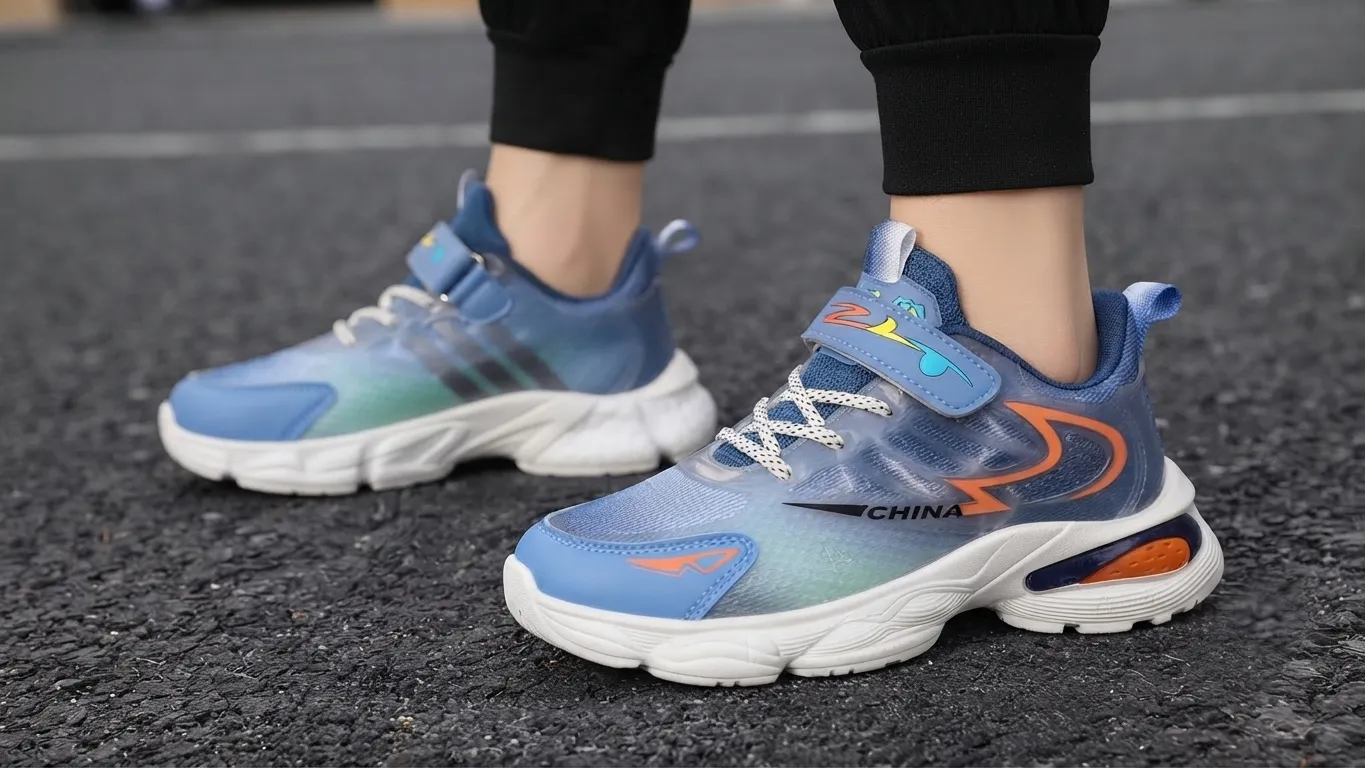 Kids blue sports running sneakers with breathable mesh upper, hook-and-loop strap, air cushion sole, and anti-slip rubber outsole for everyday active wear.