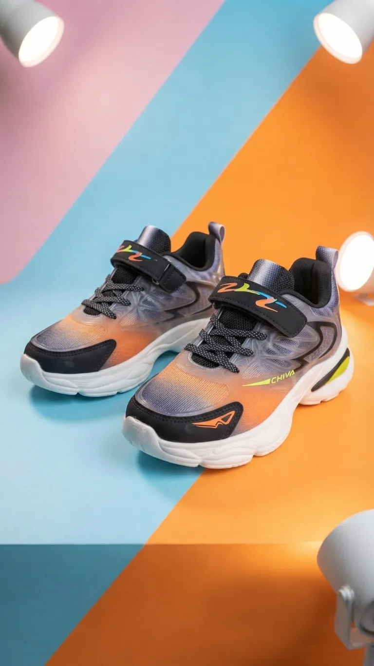 Kids lightweight grey and black sports running shoes with orange accents, breathable mesh upper, hook-and-loop strap, cushioned sole, and athletic sneaker design.