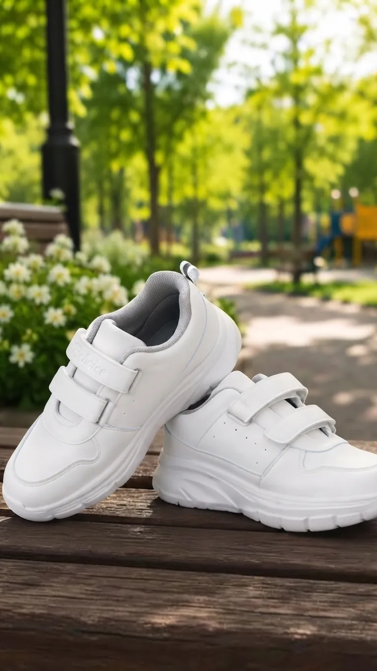 Kids white school sports sneakers with dual Velcro straps, cushioned sole, breathable lining, and anti-slip rubber outsole for everyday wear.