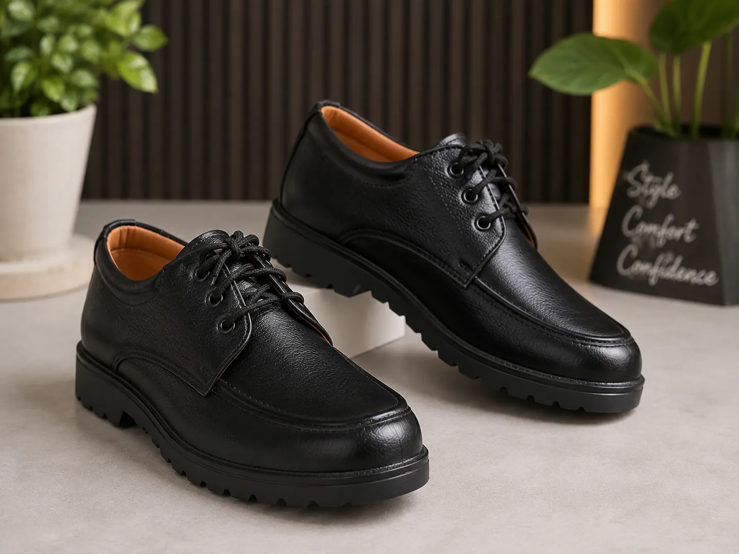 Men's black formal leather lace-up dress shoes with cushioned insole, durable anti-slip sole, and classic business design for office, weddings, interviews, and formal occasions.