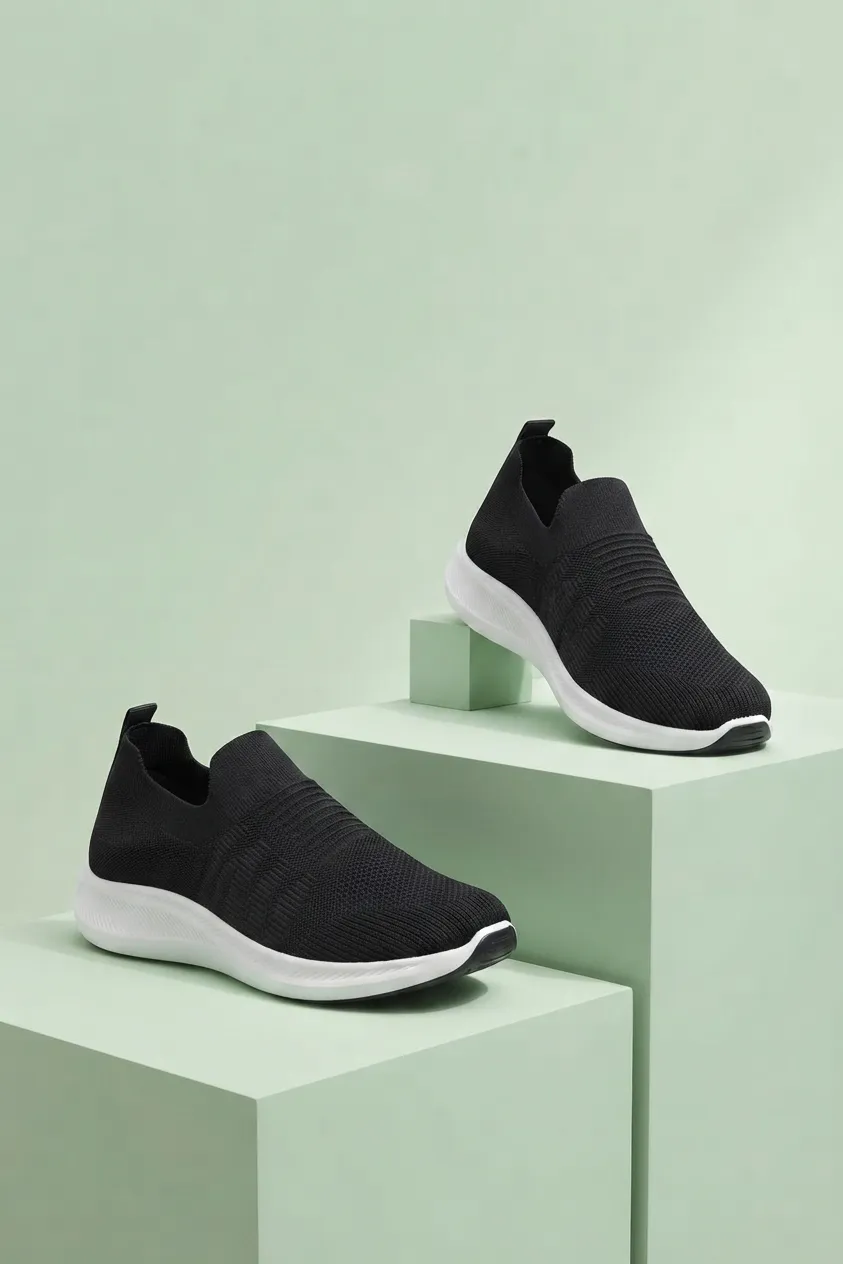Men's black slip-on sneakers with breathable knitted mesh upper, lightweight cushioned white sole, and anti-slip outsole, worn for comfortable walking, travel, office, and everyday casual use.