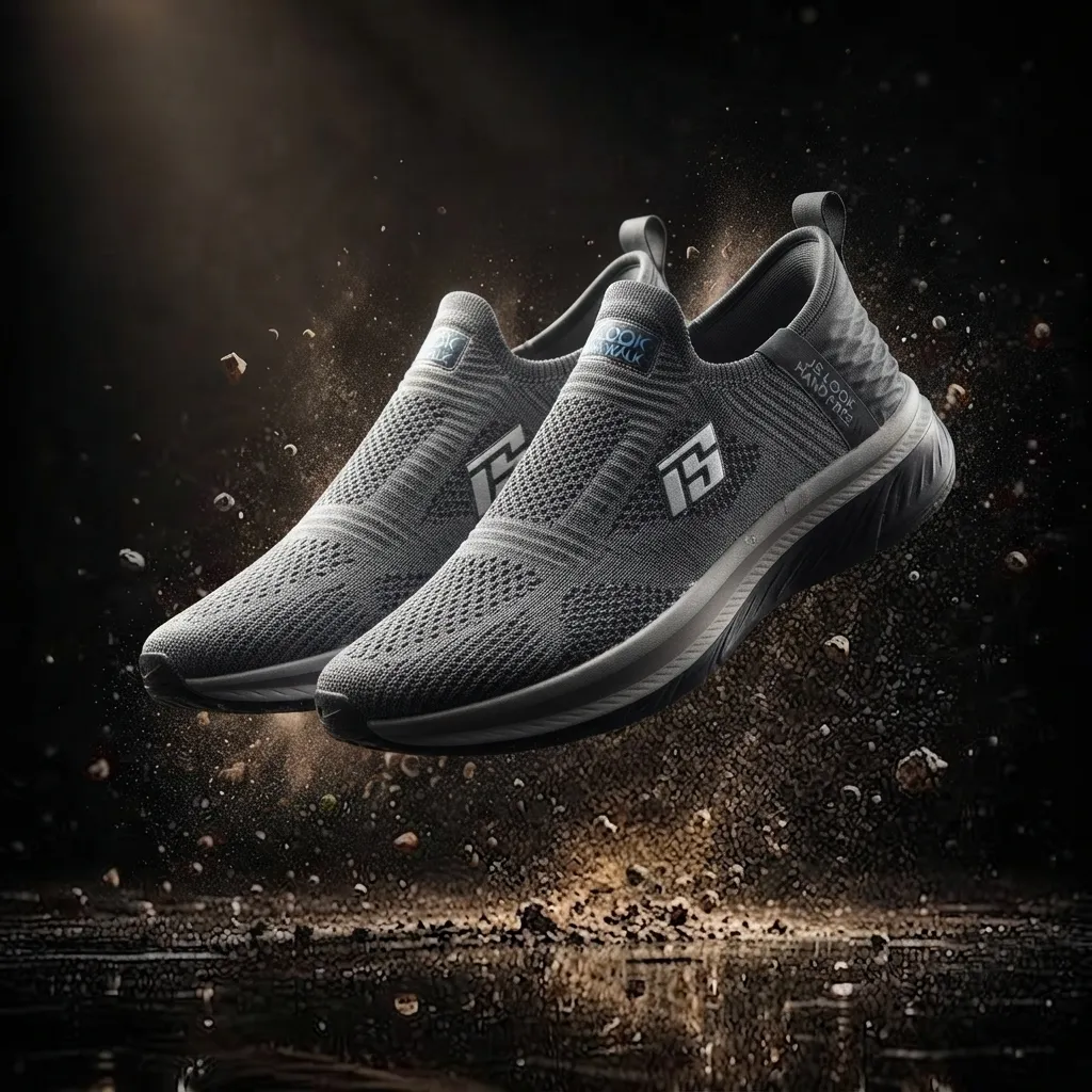Men's grey slip-on running shoes with breathable knitted mesh upper, lightweight cushioned sole, and anti-slip outsole for walking, running, gym, travel, office, and everyday casual wear.