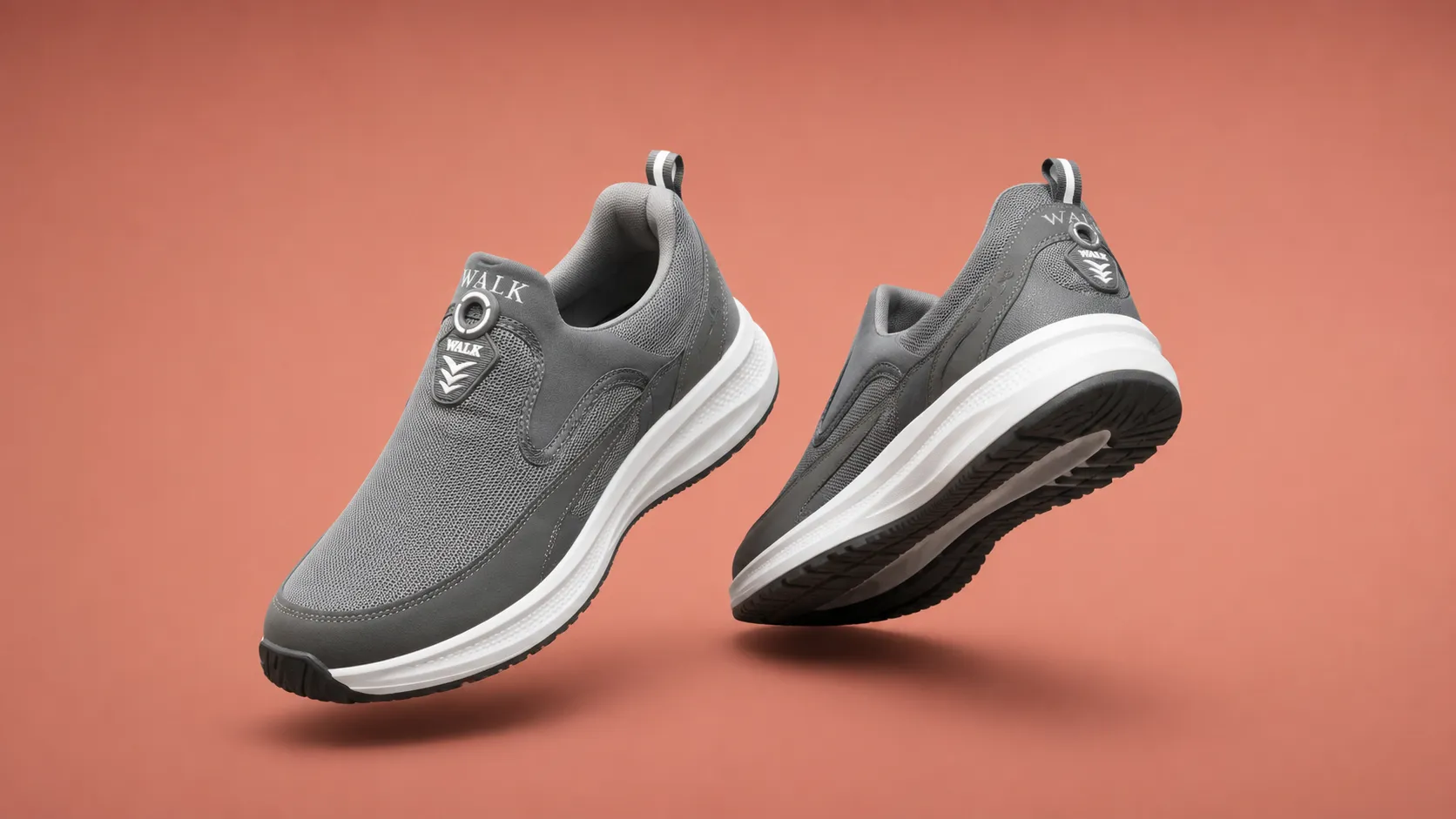Men's grey slip-on walking shoes with breathable mesh upper, lightweight cushioned sole, and anti-slip outsole for everyday walking, travel, gym, office, and casual wear.