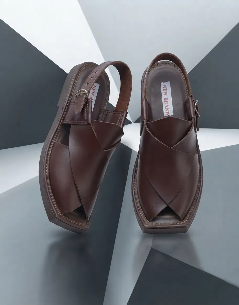Premium brown men's Peshawari sandals with adjustable buckle strap, cross-strap design, cushioned footbed, and durable anti-slip sole.