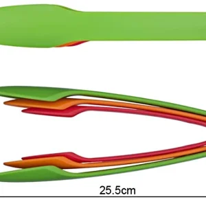 3-piece nesting plastic kitchen food tongs set in orange, red, and green for non-stick cookware serving