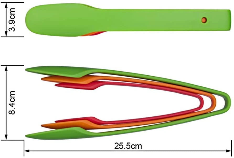 3-piece nesting plastic kitchen food tongs set in orange, red, and green for non-stick cookware serving