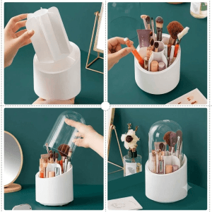 360 degree rotating makeup organizer with transparent dust cover for cosmetics and makeup brushes