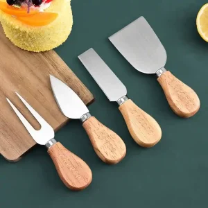 4-piece cheese knife set with wooden handles featuring spade knife, flat knife, narrow blade knife, and cheese fork