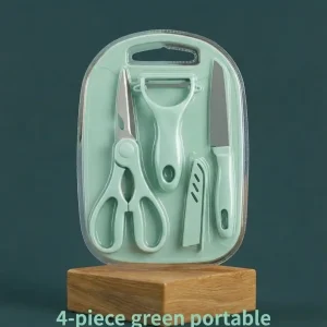 4-piece mint green portable kitchen tool set including small cutting board, utility knife, scissors, and vegetable peeler