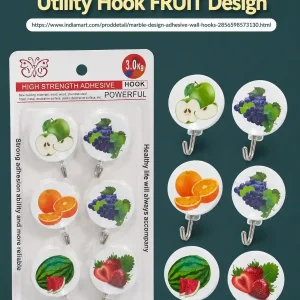 6-piece adhesive wall hook set featuring fruit designs including green apple, grapes, orange, watermelon, and strawberry