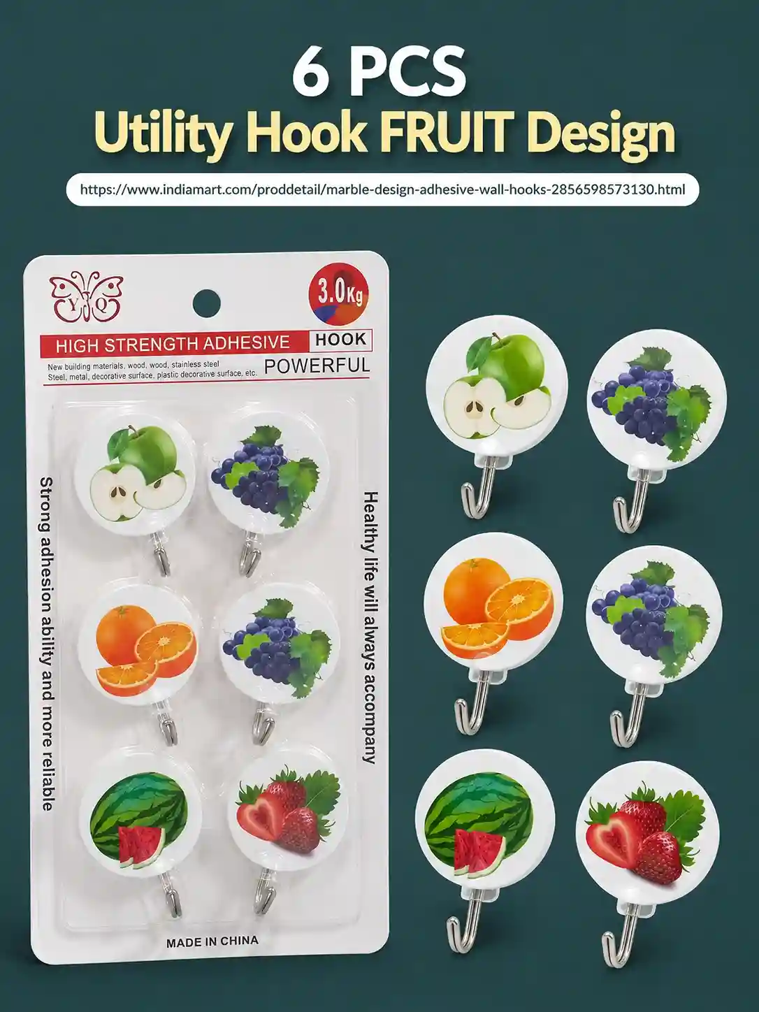 6-piece adhesive wall hook set featuring fruit designs including green apple, grapes, orange, watermelon, and strawberry