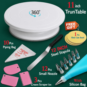 11 inch rotating cake decorating turntable kit with piping bags, icing nozzles, offset spatula, cream scrapers, and baking accessories.