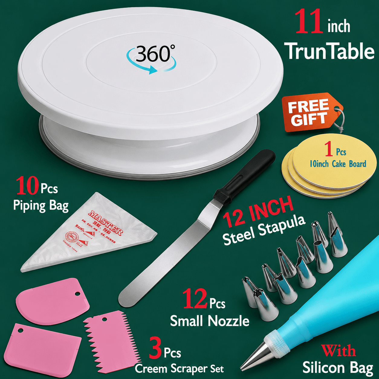 11 inch rotating cake decorating turntable kit with piping bags, icing nozzles, offset spatula, cream scrapers, and baking accessories.
