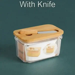 Clear acrylic butter dish with wooden wooden lid, built-in knife slot, and wooden handle butter spreader
