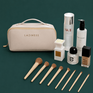Large travel makeup bag with spacious cosmetic storage for makeup, skincare products, brushes, and toiletries.
