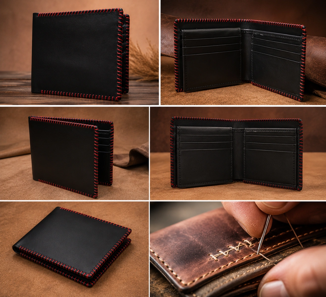 Men's Hand Stitched Black Leather Wallet - Red Thread - Image 3