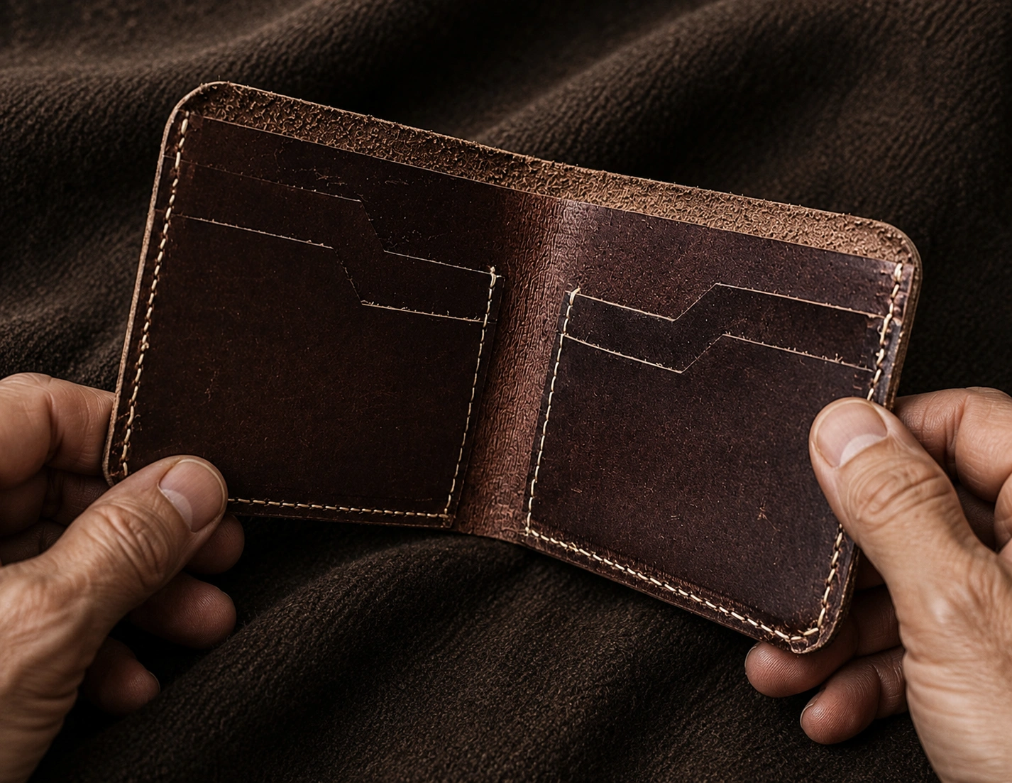 Open handcrafted cow brown full grain leather bifold wallet with contrast hand stitching and angled card slots