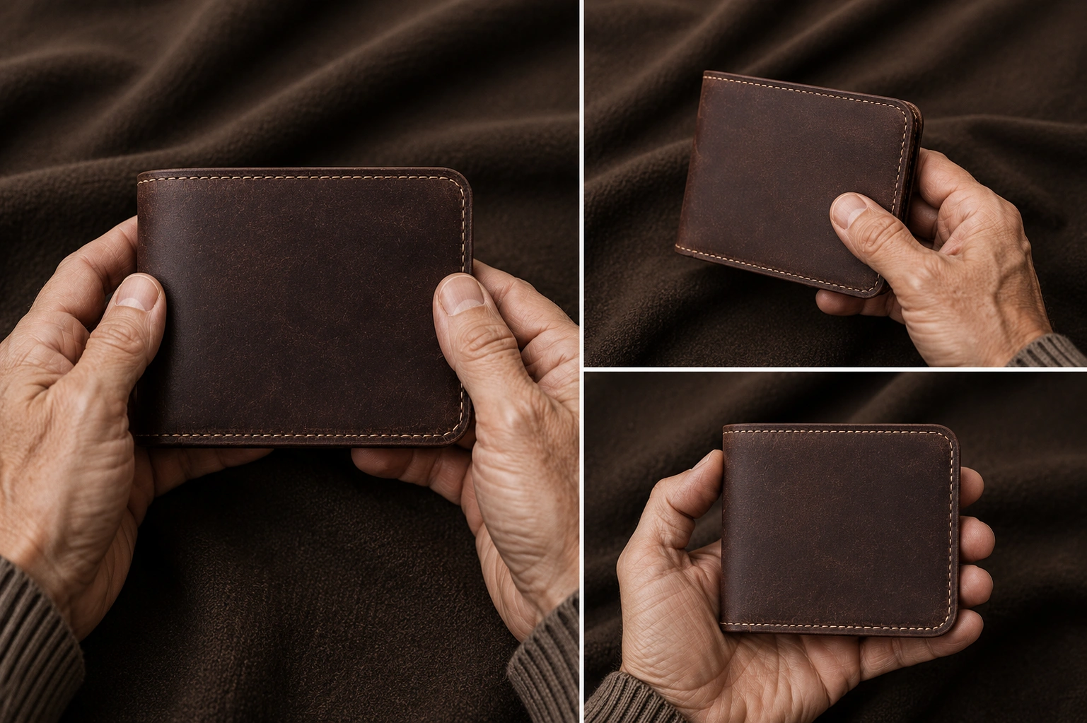 Open handcrafted brown full grain leather bifold wallet with contrast hand stitching and angled card slots