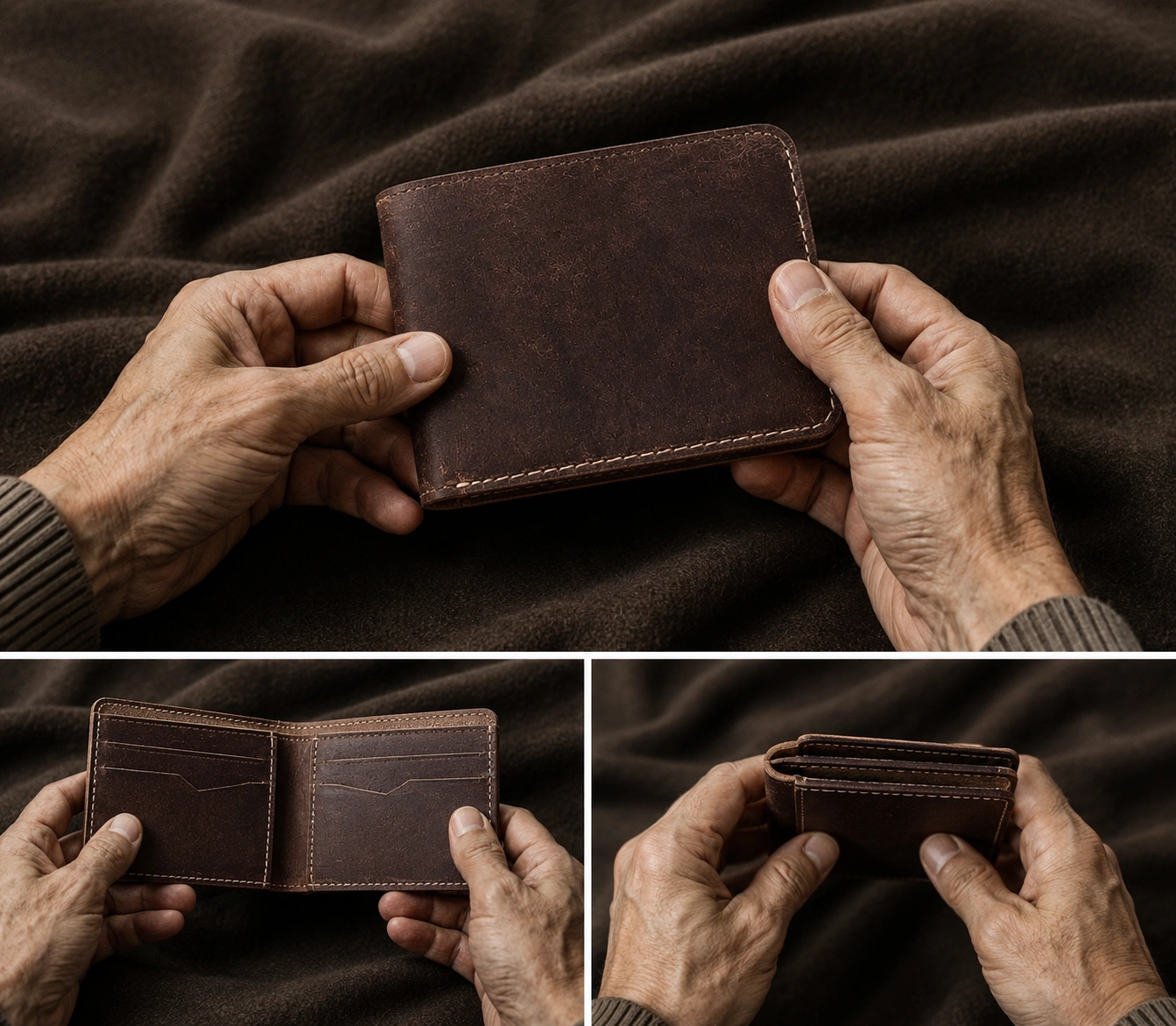 Open handcrafted brown full grain leather bifold wallet with contrast hand stitching and angled card slots