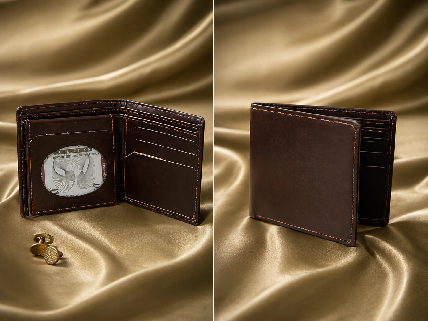 Side-by-side view of an open and folded brown genuine Napa leather bifold wallet with oval ID slot on gold fabric