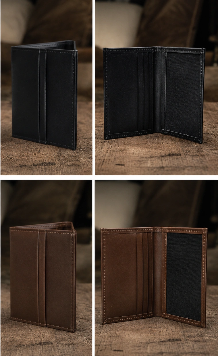 Four-way composite view showing dark brown leather card holder bifold wallet folded, open, and loaded with credit cards and cash