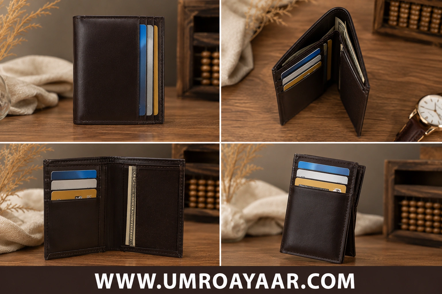 Four-way composite view showing dark brown leather card holder bifold wallet folded, open, and loaded with credit cards and cash