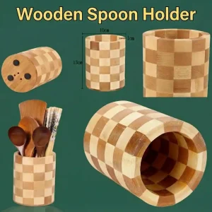 Natural wooden spoon holder with checkered design for kitchen utensils