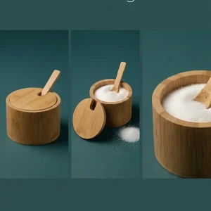 Natural wooden sugar pot container with lid slot and matching wooden spoon shown closed and open with white sugar