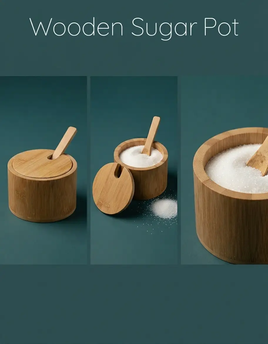 Natural wooden sugar pot container with lid slot and matching wooden spoon shown closed and open with white sugar