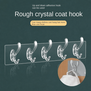 Pack of 2 transparent self adhesive wall hook racks with six durable hooks each for hanging coats, towels, bags, keys, and household accessories.