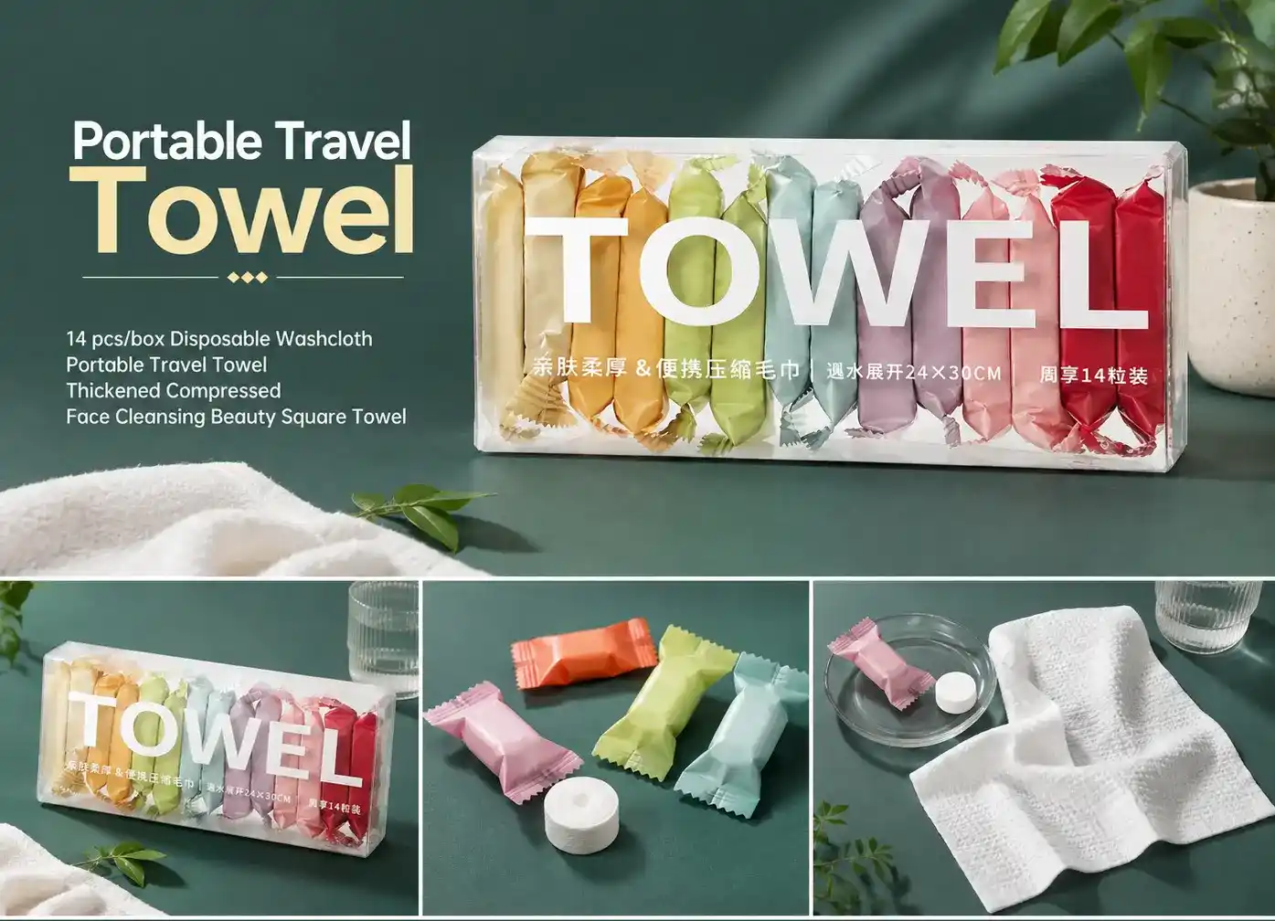 14-piece portable compressed disposable travel towels in colorful individual packaging