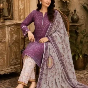 3-piece Purple cotton Bughti embroidered suit with printed Monnar dupatta