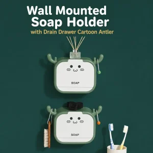 Wall mounted cartoon soap holder with drainage tray and side hooks