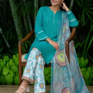 3-piece sky blue cotton Bughti embroidered suit with printed Monnar dupatta