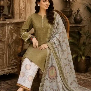 3-piece sage green cotton Bughti embroidered suit with printed Monnar dupatta