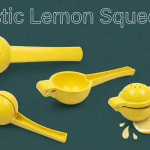 Yellow plastic manual lemon squeezer handheld citrus press shown in multiple angles with fresh lemon slices