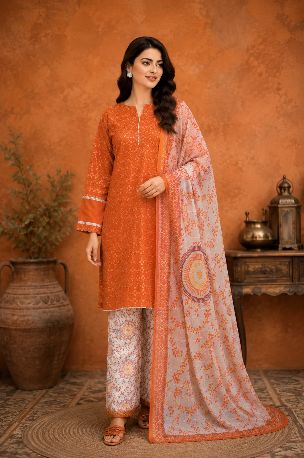 3-piece orange cotton Bughti embroidered suit with printed Monnar dupatta