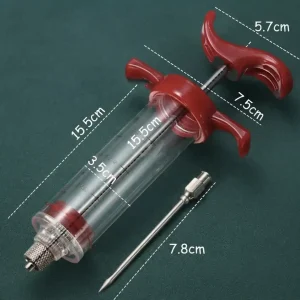 Red and clear plastic meat marinade injector syringe with detachable 7.8cm stainless steel needle showing product dimensions
