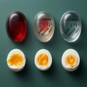 Color changing egg timer indicator demonstrating soft, medium, and hard boiled stages with matching cross-section boiled eggs on green background