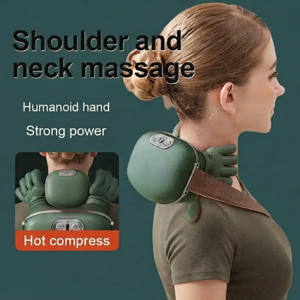 Green electric hand-simulation kneading massager with 5-finger massage nodes being applied to a leg calf and neck for deep tissue relief
