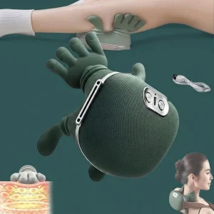 Green electric hand-simulation kneading massager with 5-finger massage nodes being applied to a leg calf and neck for deep tissue relief