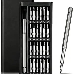 Four-panel image showing a 25-in-1 magnetic precision screwdriver kit with 24 S2 steel bits, driver handle, and black storage case with dimension markings.
