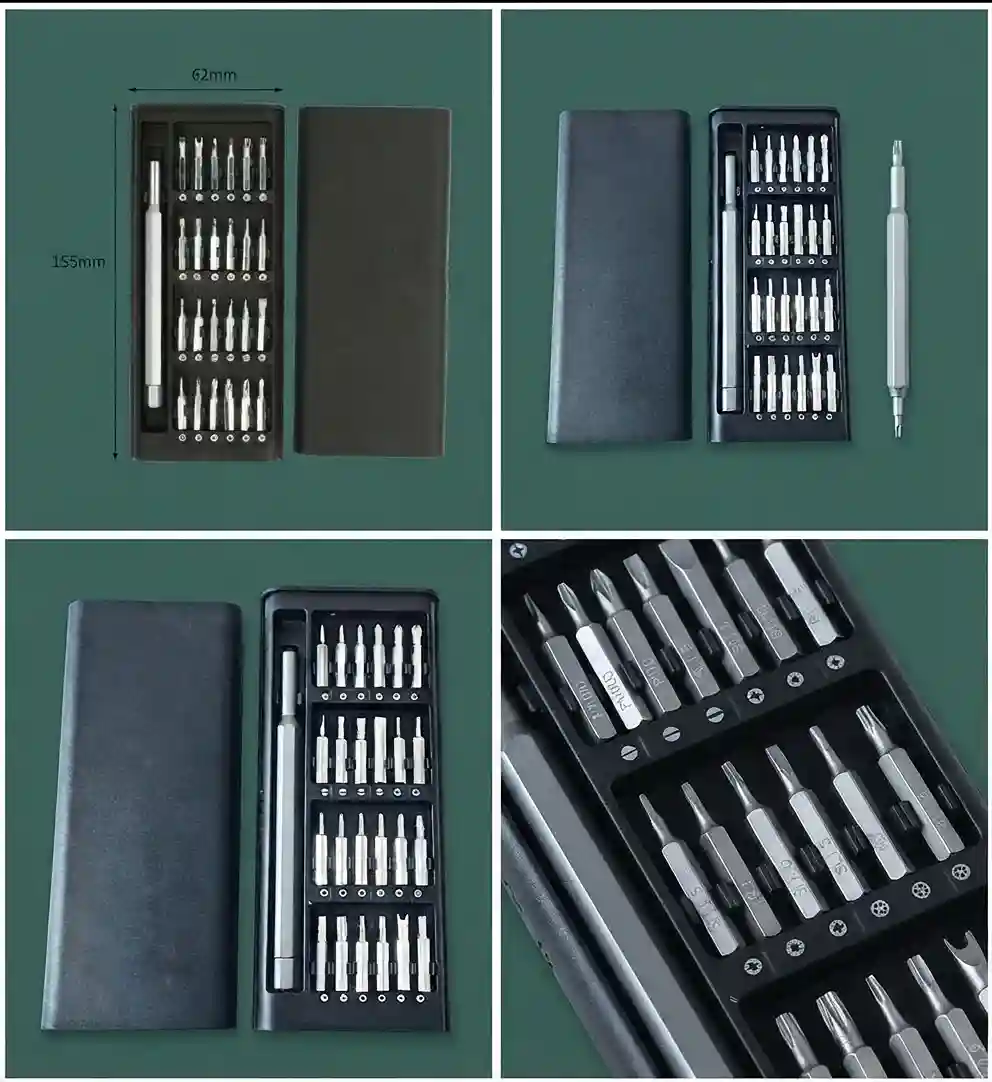 Four-panel image showing a 25-in-1 magnetic precision screwdriver kit with 24 S2 steel bits, driver handle, and black storage case with dimension markings. 1