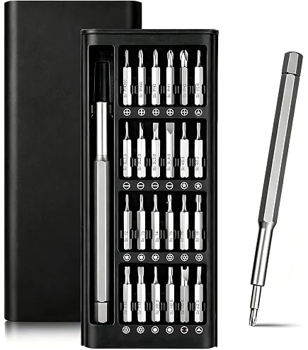 Four-panel image showing a 25-in-1 magnetic precision screwdriver kit with 24 S2 steel bits, driver handle, and black storage case with dimension markings.