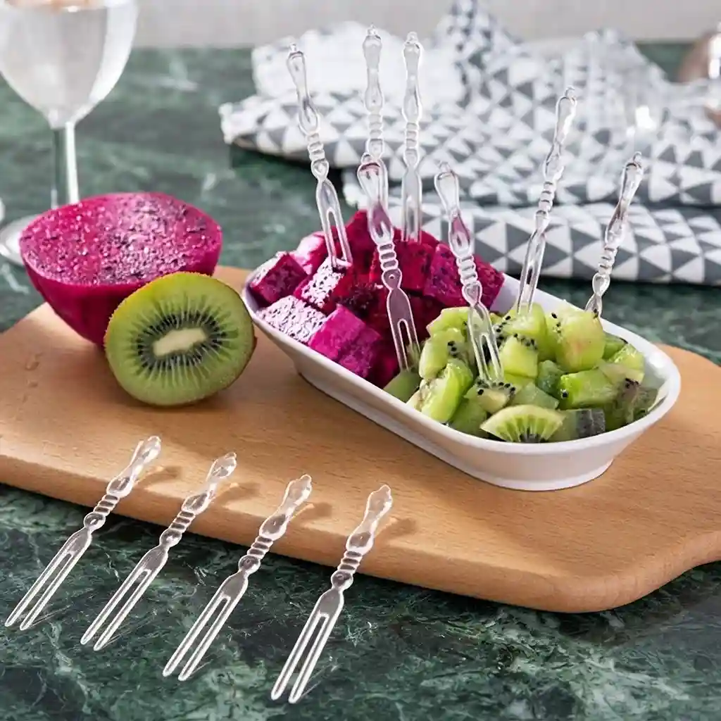 Four-panel layout showing 50 clear plastic fruit forks stored in a transparent container and picking up sliced dragon fruit from a fruit bowl.