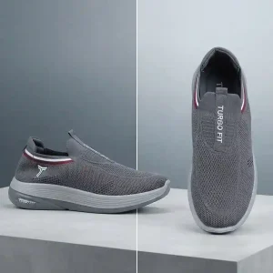 Grey Turbo Fit slip-on knit running shoes shown from side profile and top-down view on a light platform.