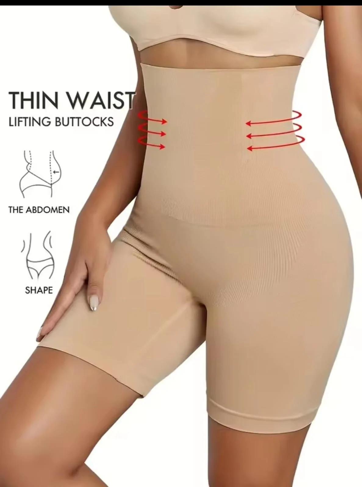 Two models wearing nude beige high waist tummy control shapewear shorts demonstrating waist slimming and butt lifting effect on green background