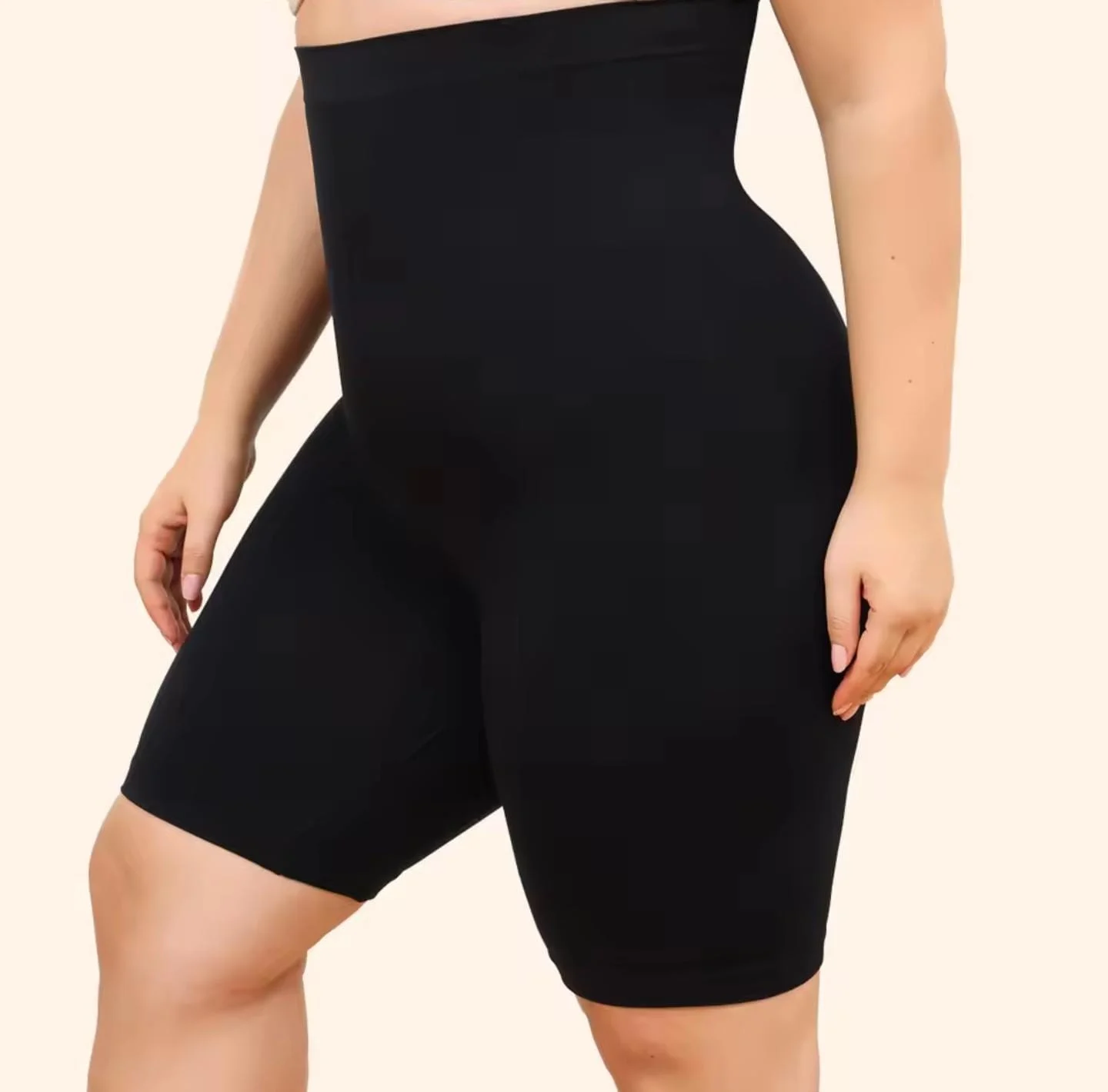 Two models wearing nude beige high waist tummy control shapewear shorts demonstrating waist slimming and butt lifting effect on green background